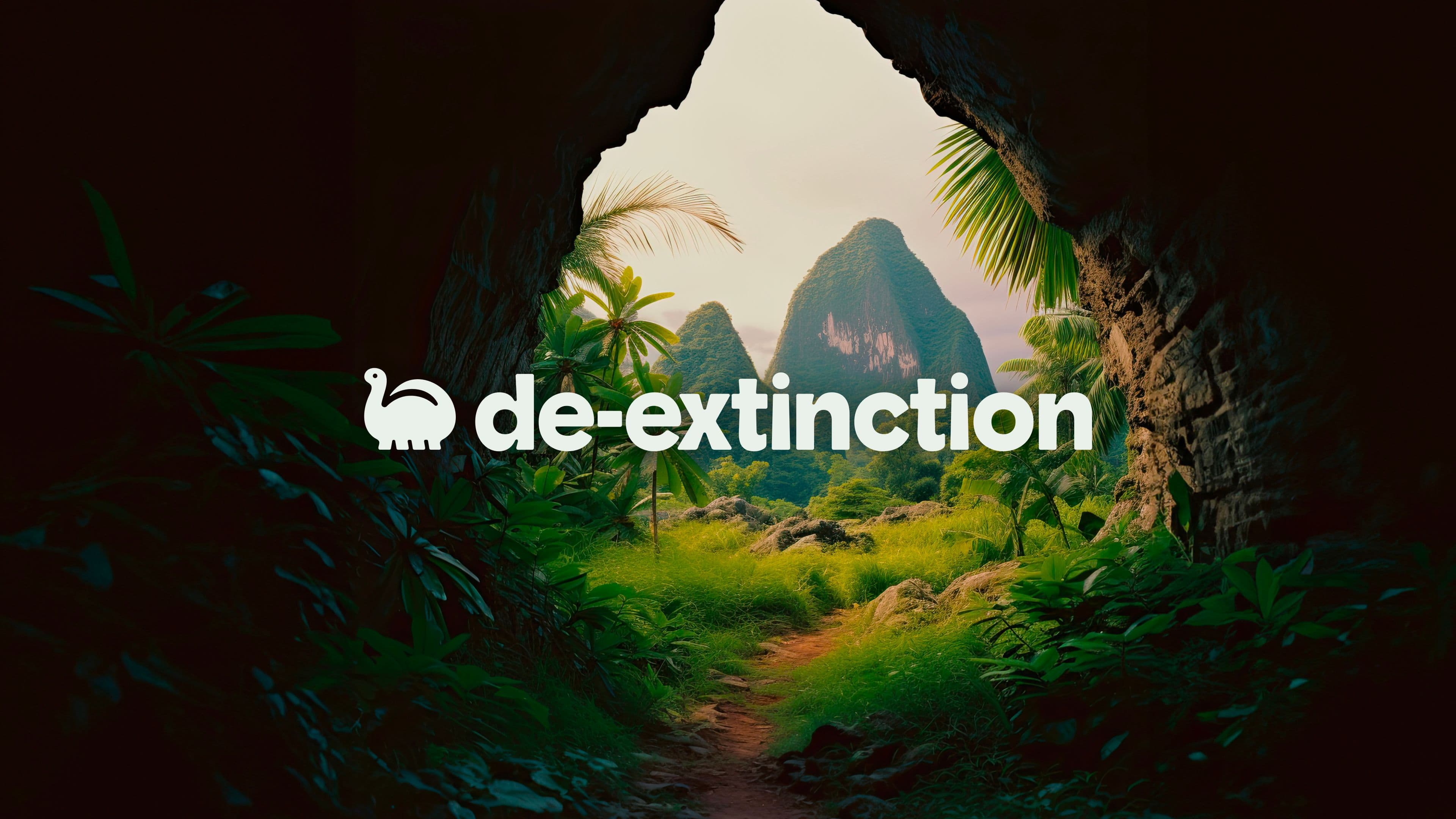 De-extinction logo over a cave opening view of palm trees, greenery, and distant mountains.