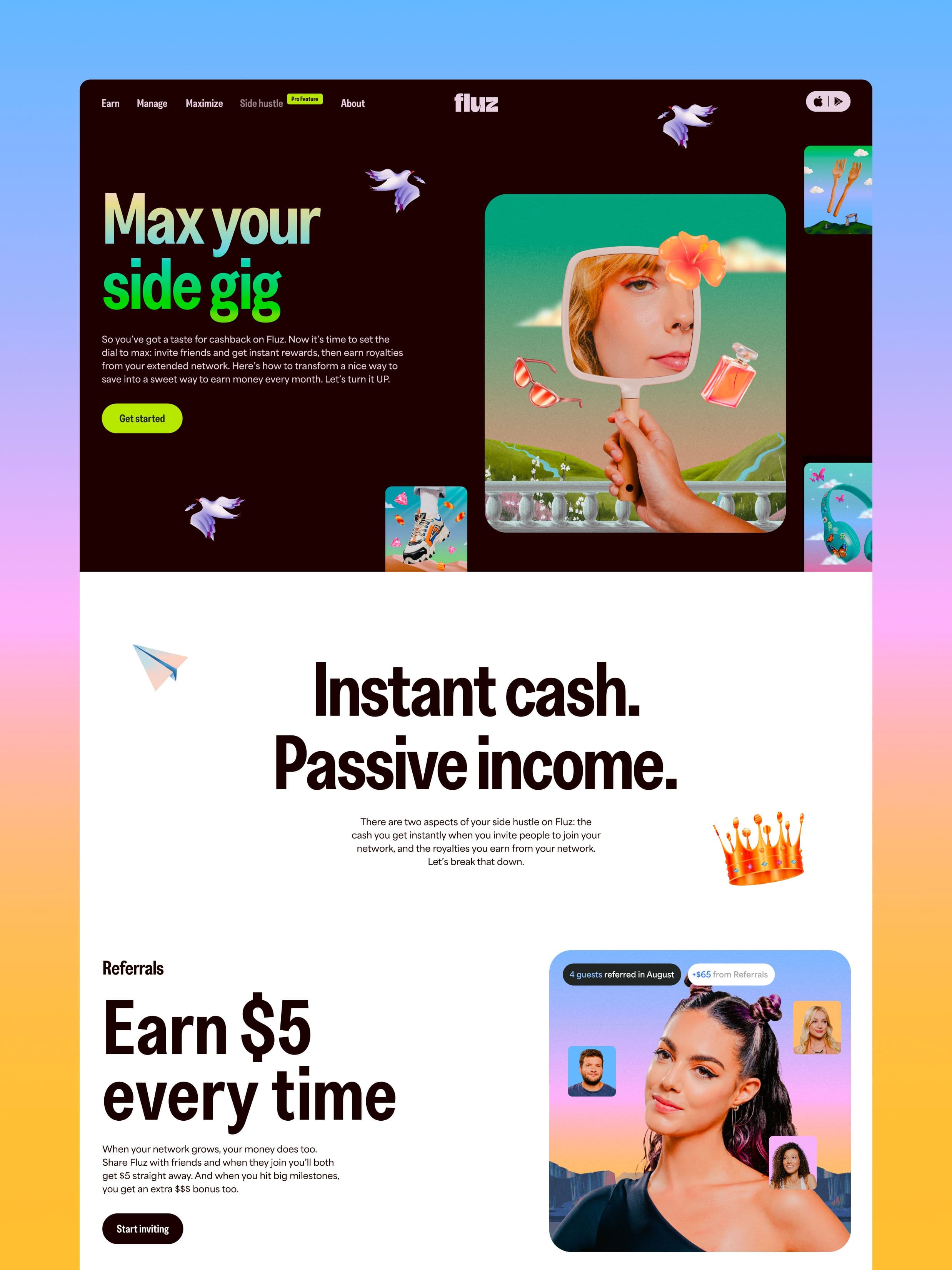 A Fluz colorful website page promotes a side gig. Bold text advertises earning extra cash, passive income, and $5 referrals. Playful images and graphics of people, crowns, and paper planes are displayed throughout.