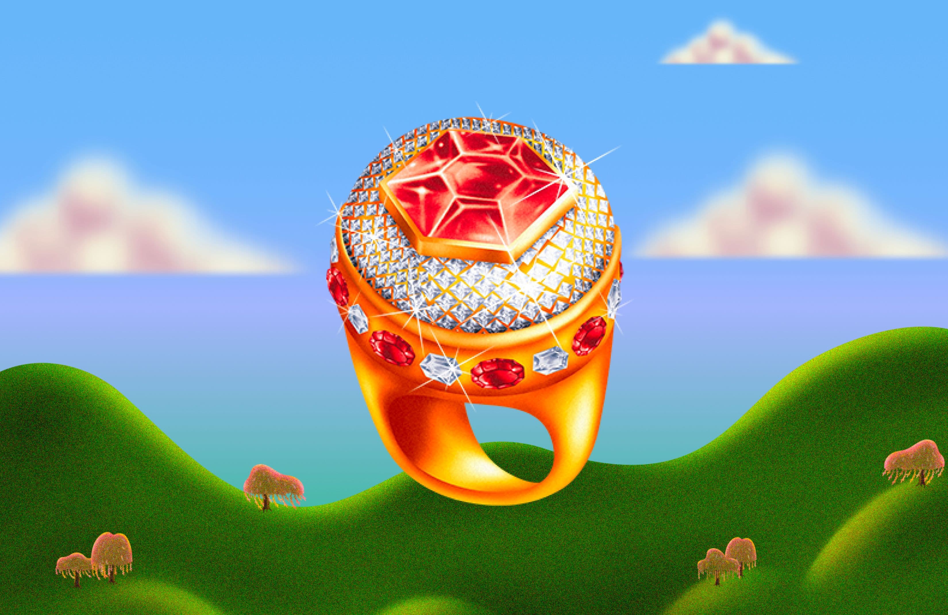 A gold ring with gems on top of it.
