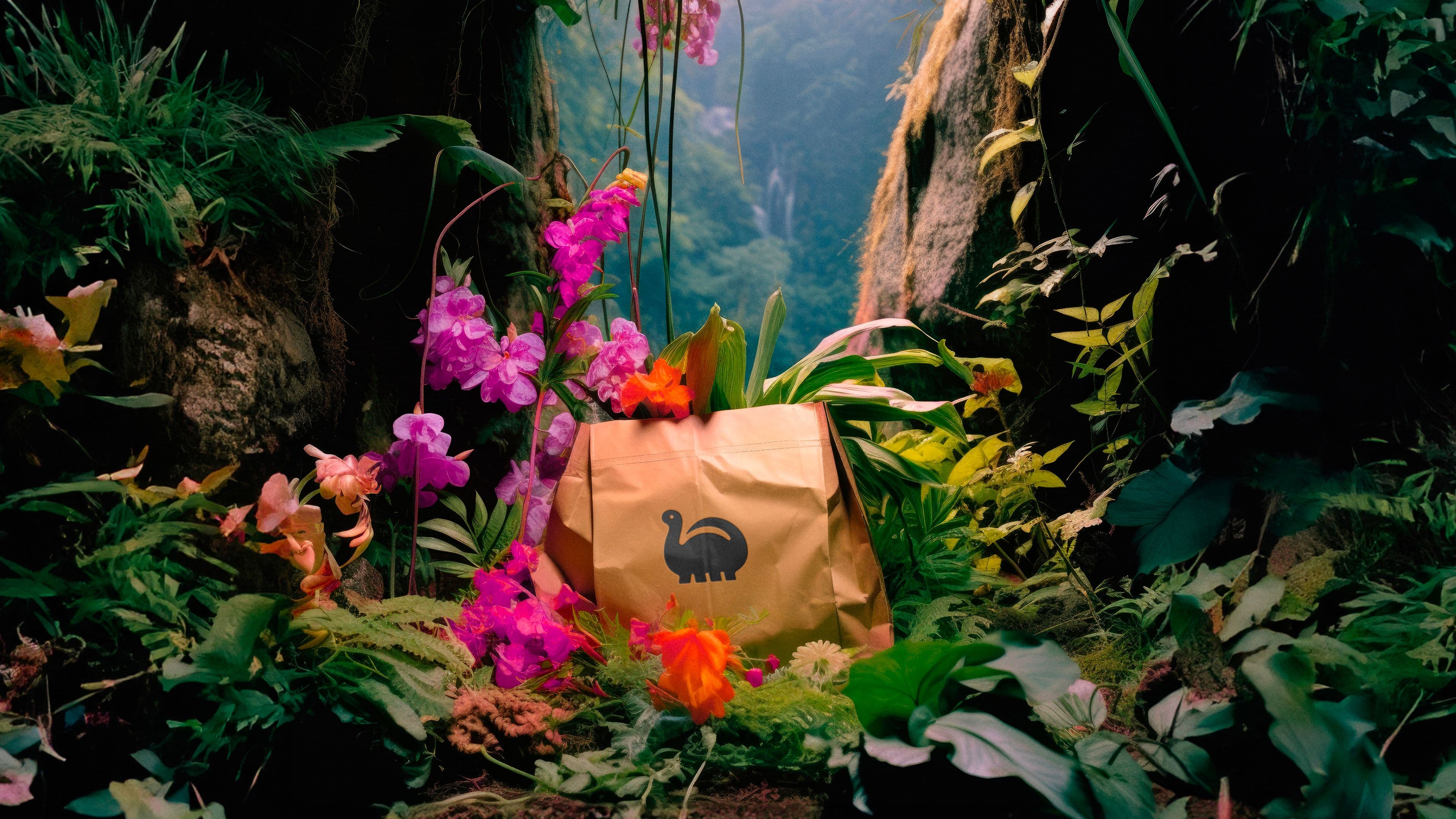 A brown paper bag with a de-extinction logo siting among lush green plants and vibrant pink and orange flowers.