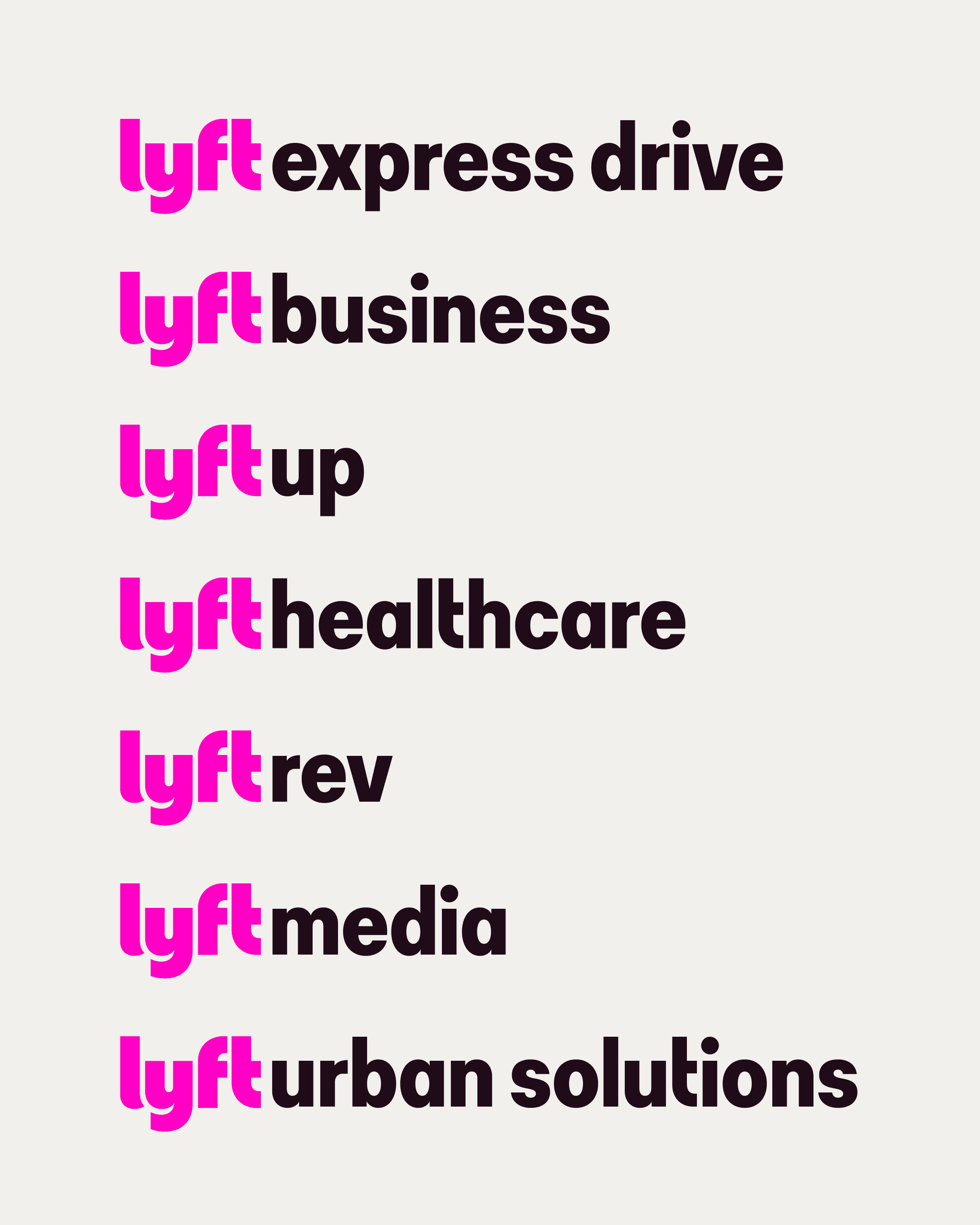The image lists Lyft services: express drive, business, up, healthcare, rev, media, and urban solutions. Each service starts with lyft in pink text, followed by the service name in black.