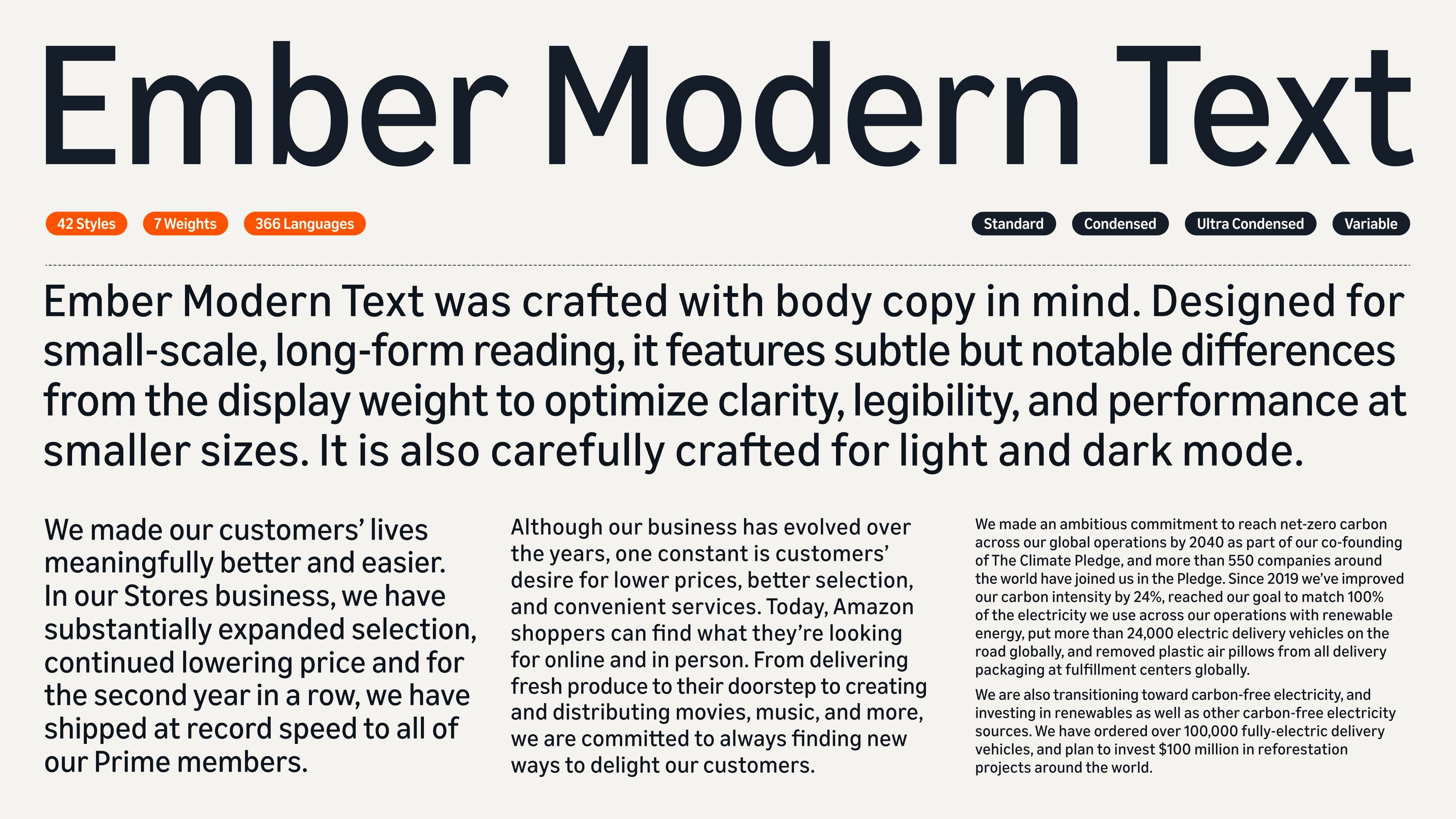 A display for Ember Modern Text font, highlighting its styles, weights, and language options. The description emphasizes clarity and legibility for long-form reading and web use, with customer testimonials below.