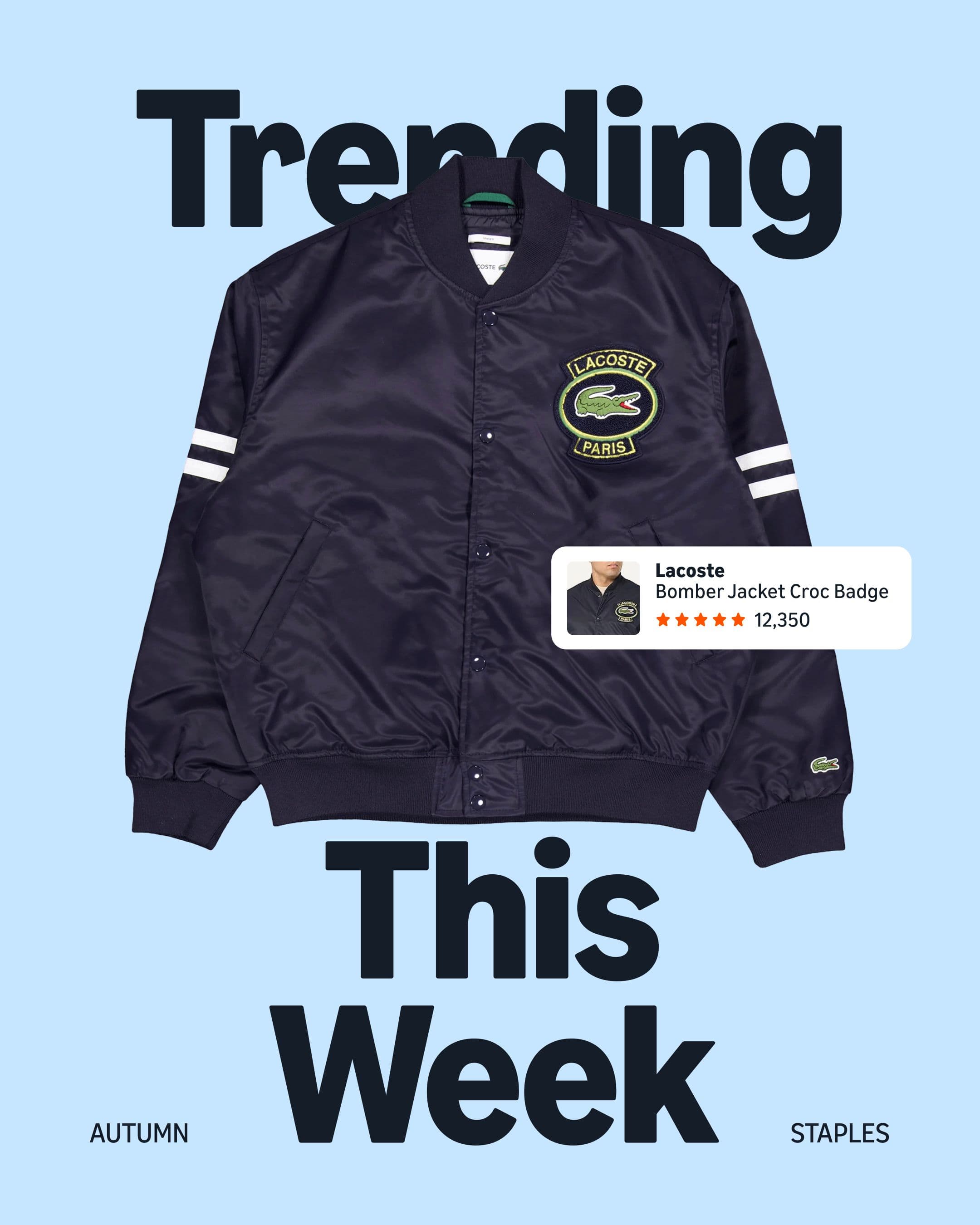 A navy Lacoste bomber jacket with white stripes on the sleeves is displayed on a light blue background with the text Trending This Week. A rating card shows the product name and a 5-star rating.