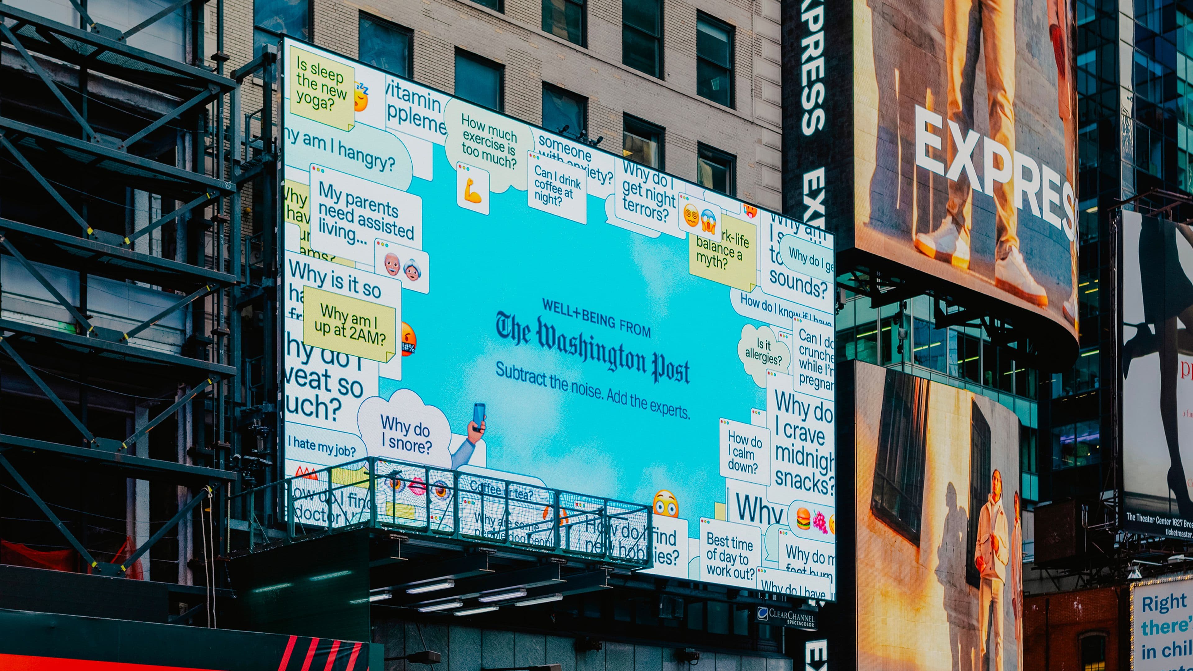 A large Washington Post billboard in Times Square displays a blue ad surrounded by illustrated text bubbles with health-related questions, such as Why do I snore? and Why am I so sweaty?