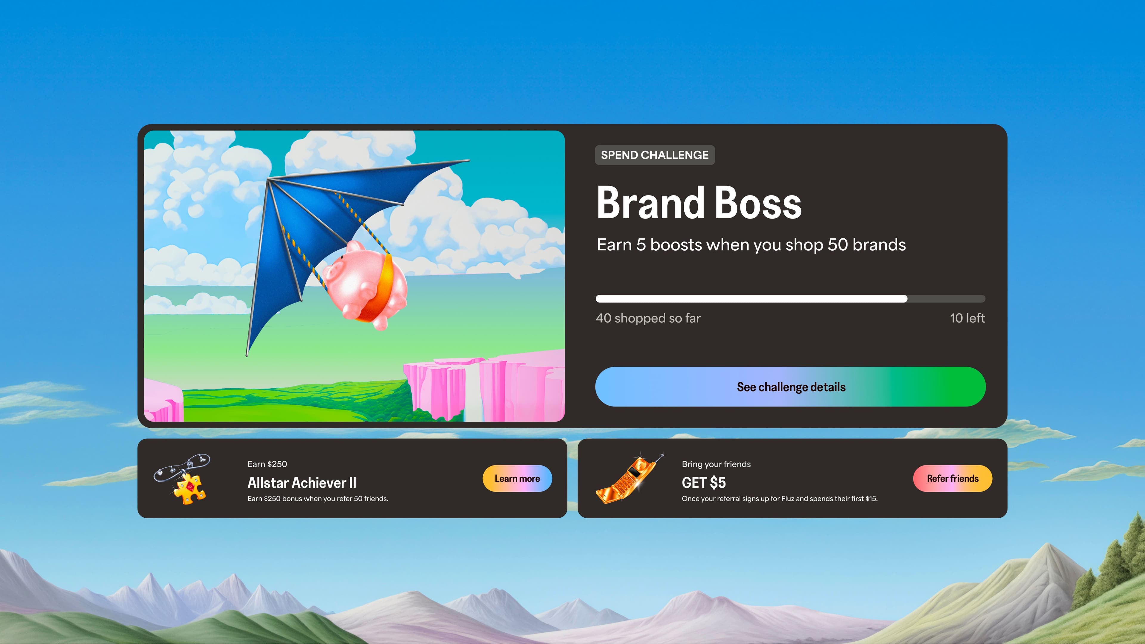 Fluz dashboard displaying a challenge, progress bar, floating islands, rewards and referral options.