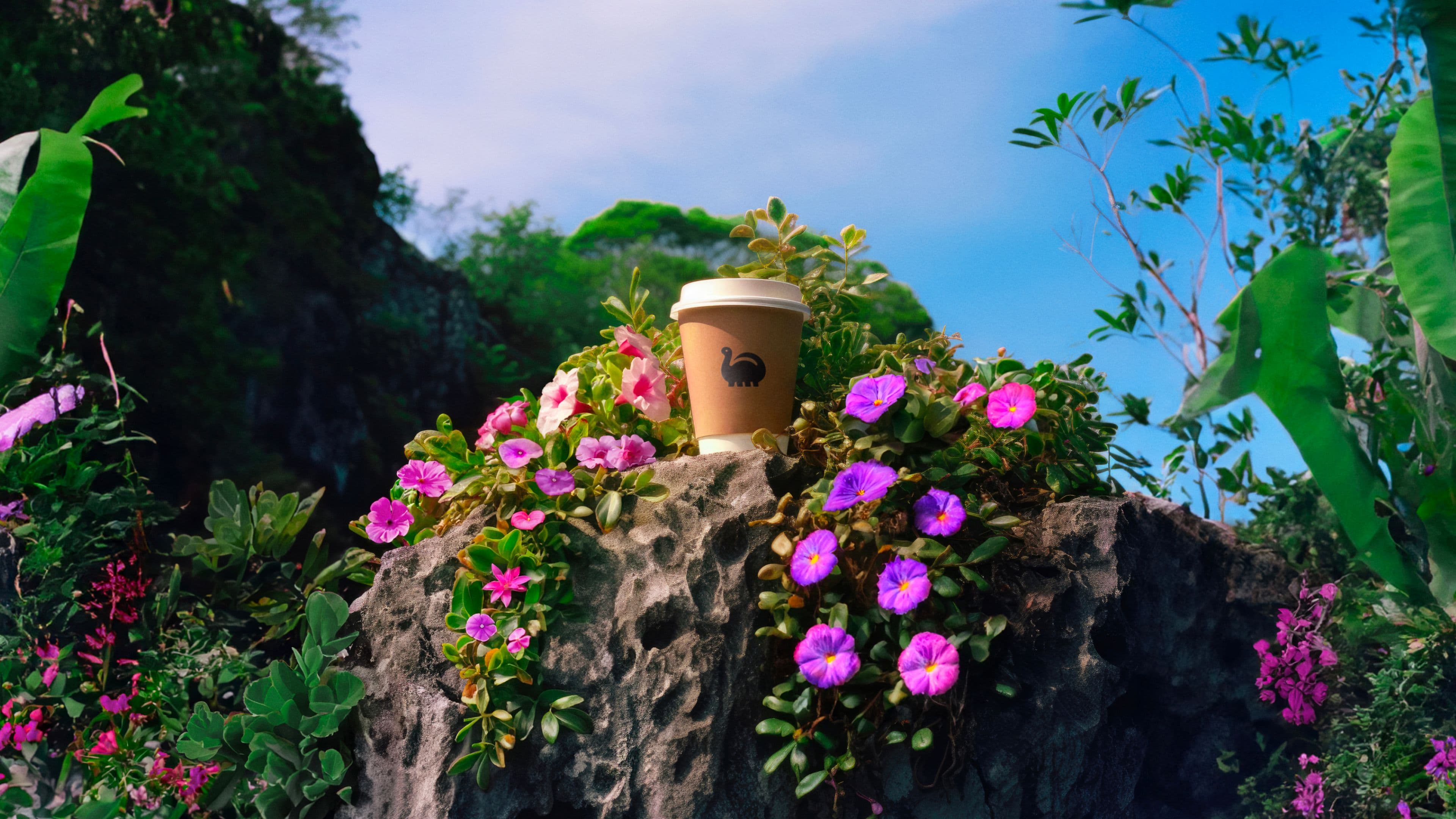 A brown paper coffee cup with the De-extinction logo sits on a rock surrounded by pink and purple flowers.