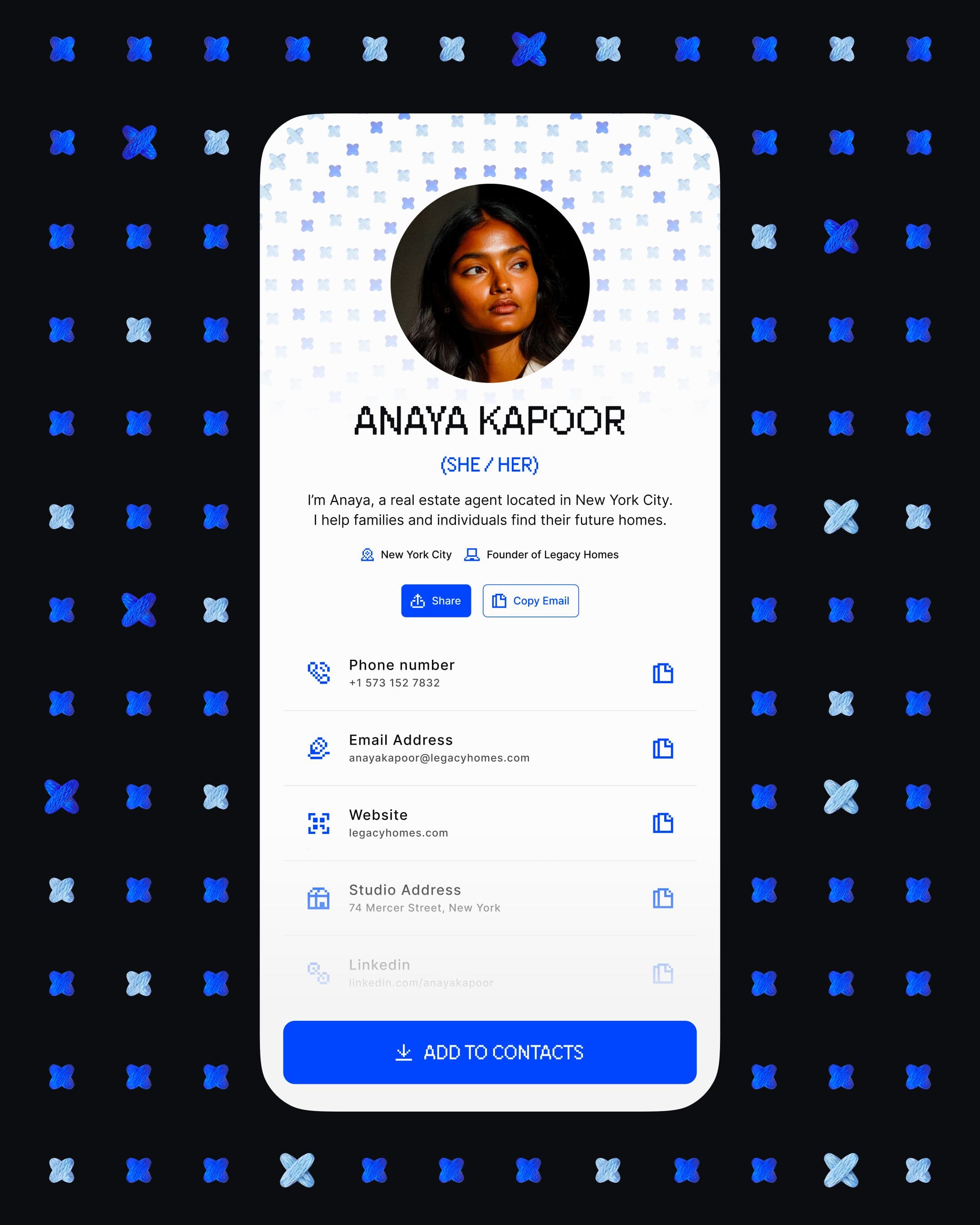 A digital contact card for Anaya Kapoor, a real estate agent in New York City with Uniqode x stitches in the background.