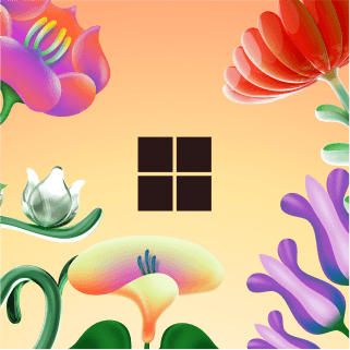 Microsoft Inclusion logo: black logo on orange background with colorful flowers and leaves.