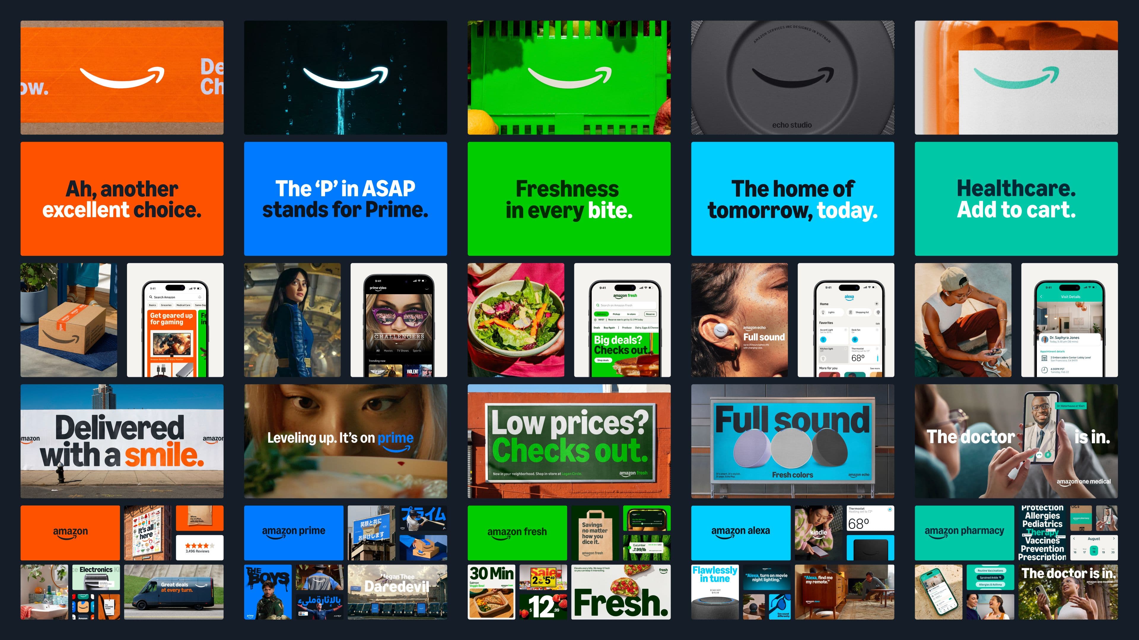 A collage of colorful Amazon marketing and app screenshots.