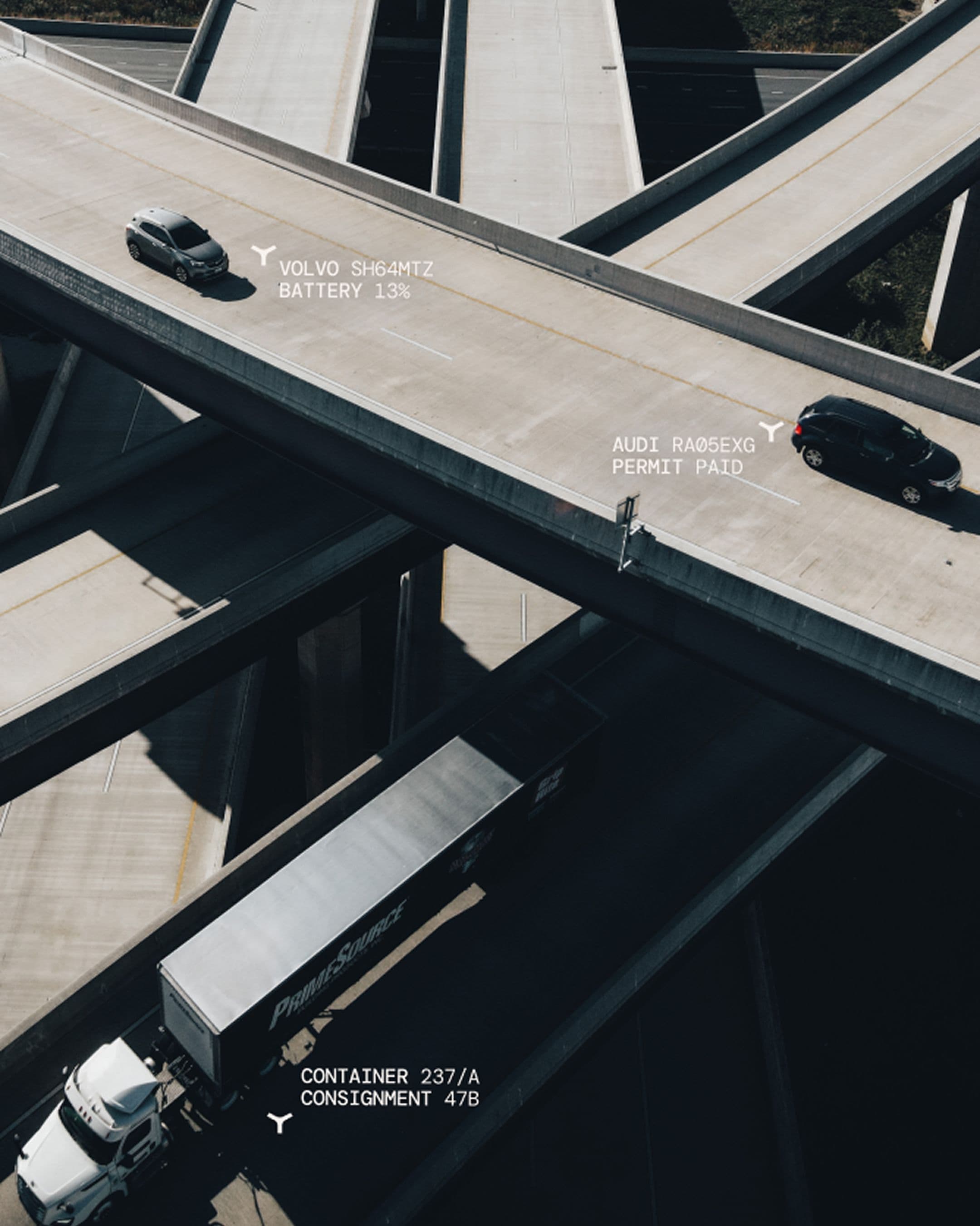 Highway interchange seen from above, vehicles digitally labeled to show PayPoint tracking.