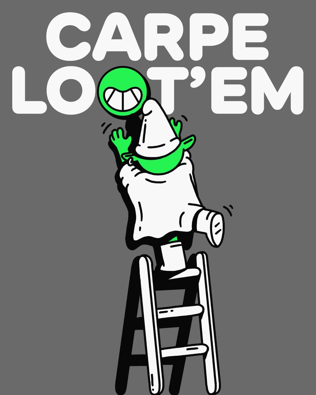 An image of the Marblex mascot reaching for a token on a step ladder. The token is incorporated into the headline typography which reads, 'Carpe Loot'em'.
