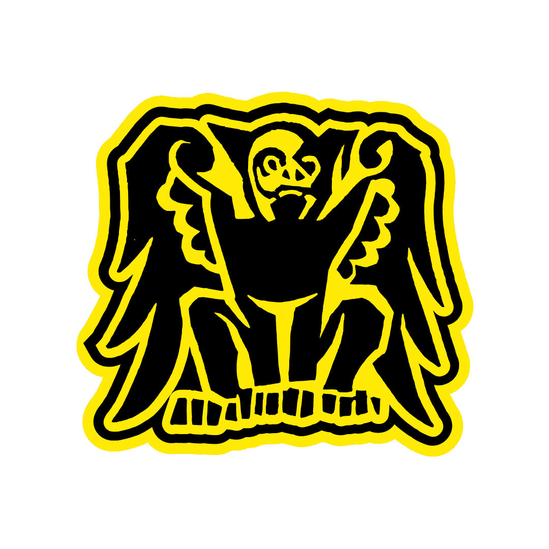 Black silohette of a gargoyle with wings spread, outlined in yellow.