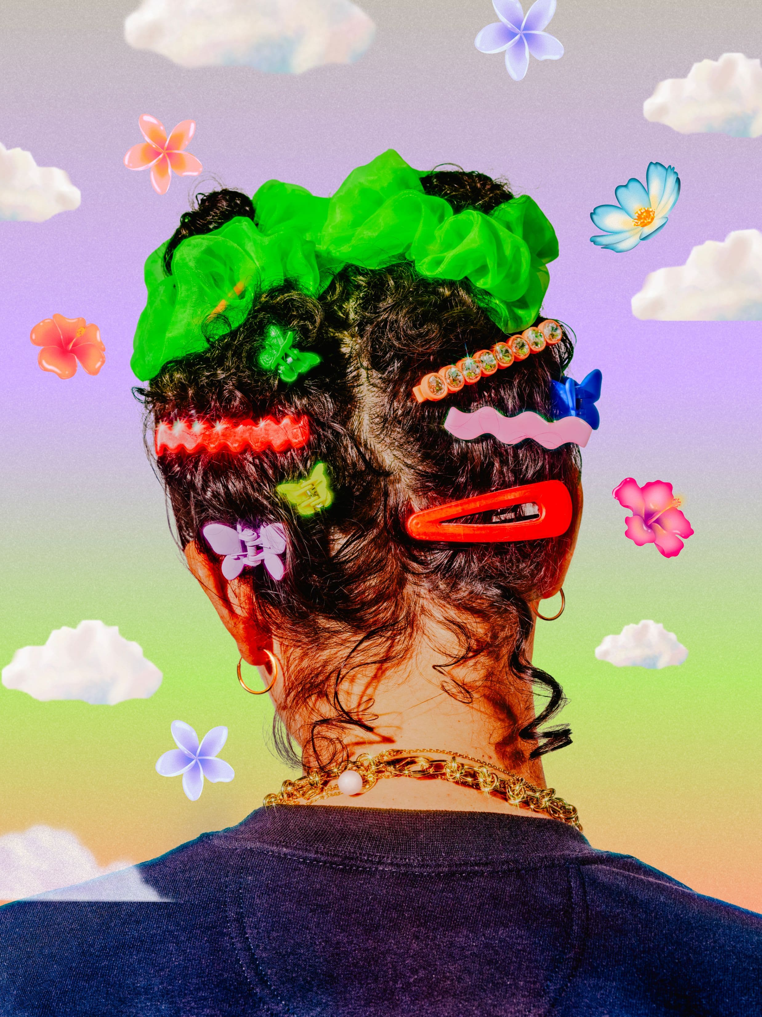 Back view of person with curly hair and colorful hair accessories, gold chains, dark top, against a background of illustrated clouds and flowers.