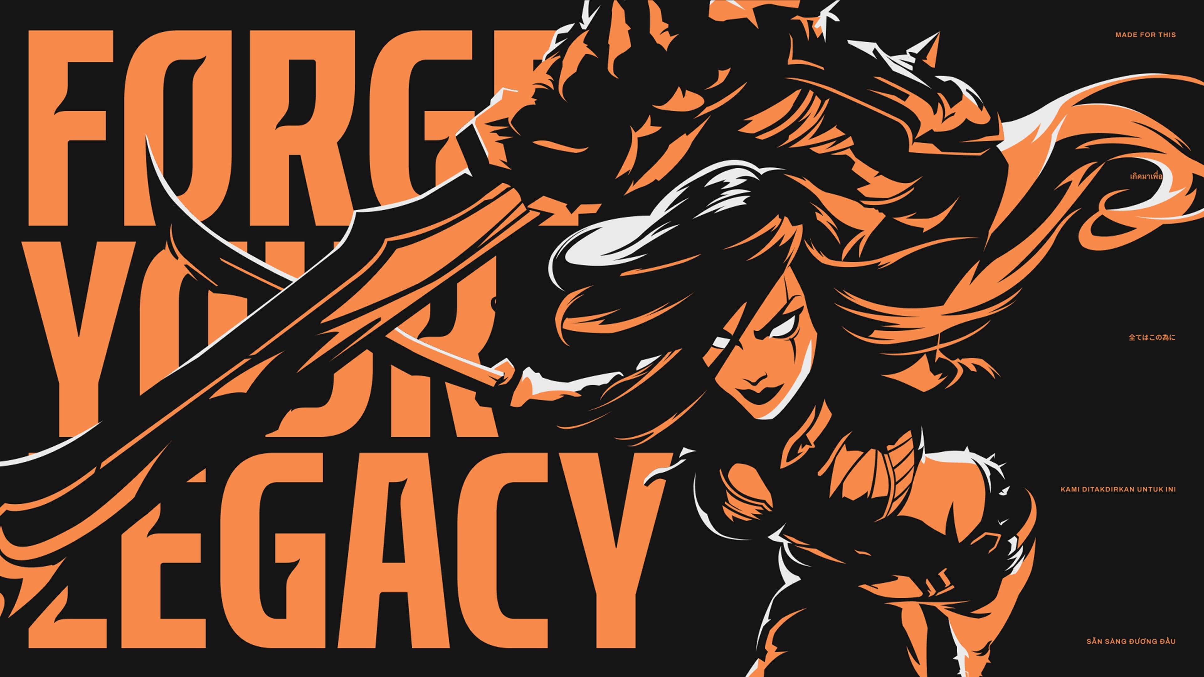 A stylized, dynamic illustration of a fierce female warrior wielding two large swords with the bold text FORGE YOUR LEGACY in the background, using black and orange colors.
