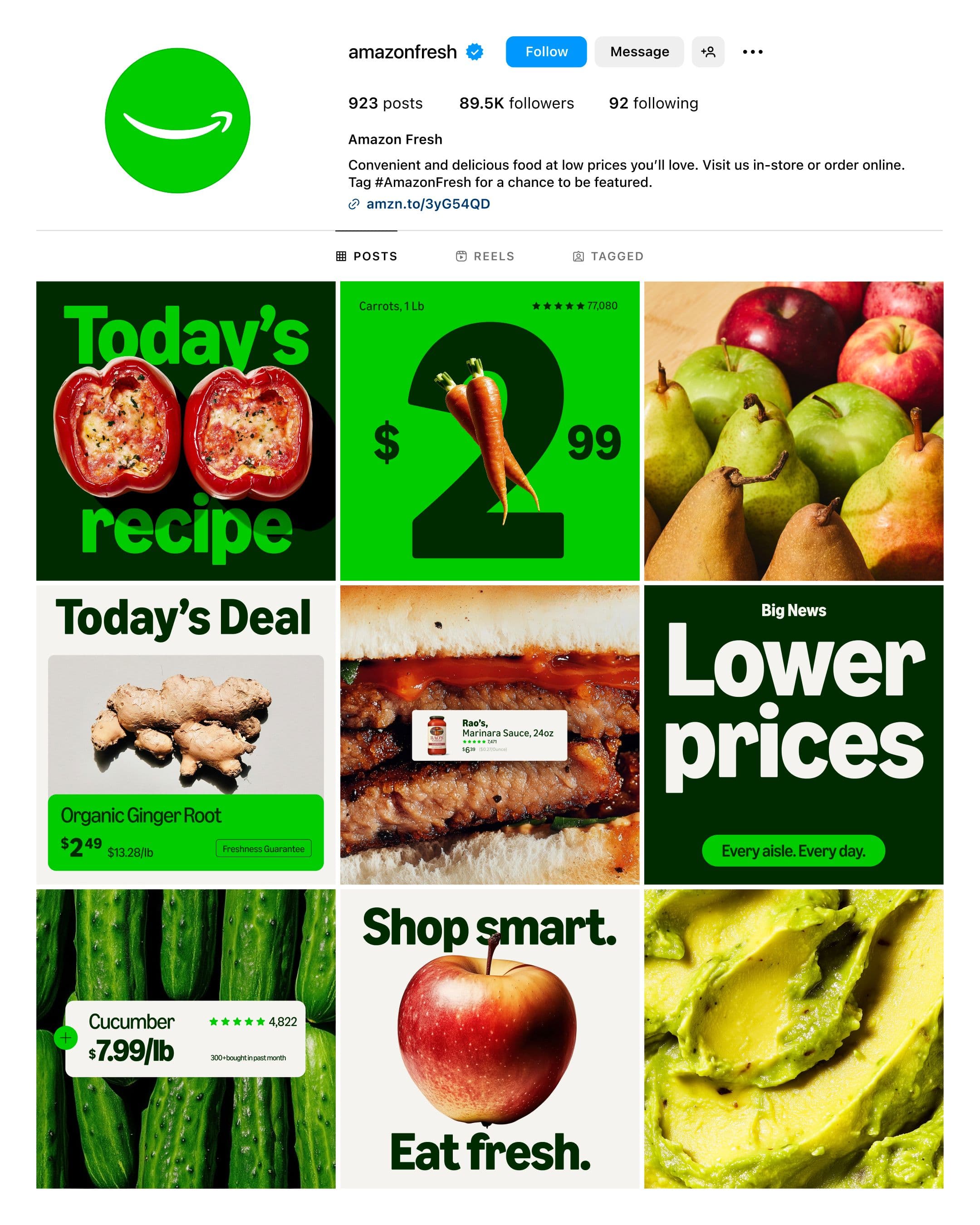 A vibrant Instagram grid from Amazon Fresh features bright green backgrounds, fresh produce like carrots, ginger, cucumbers, and avocados, and bold text highlighting today’s recipe, deals, and announcements of lower prices.
