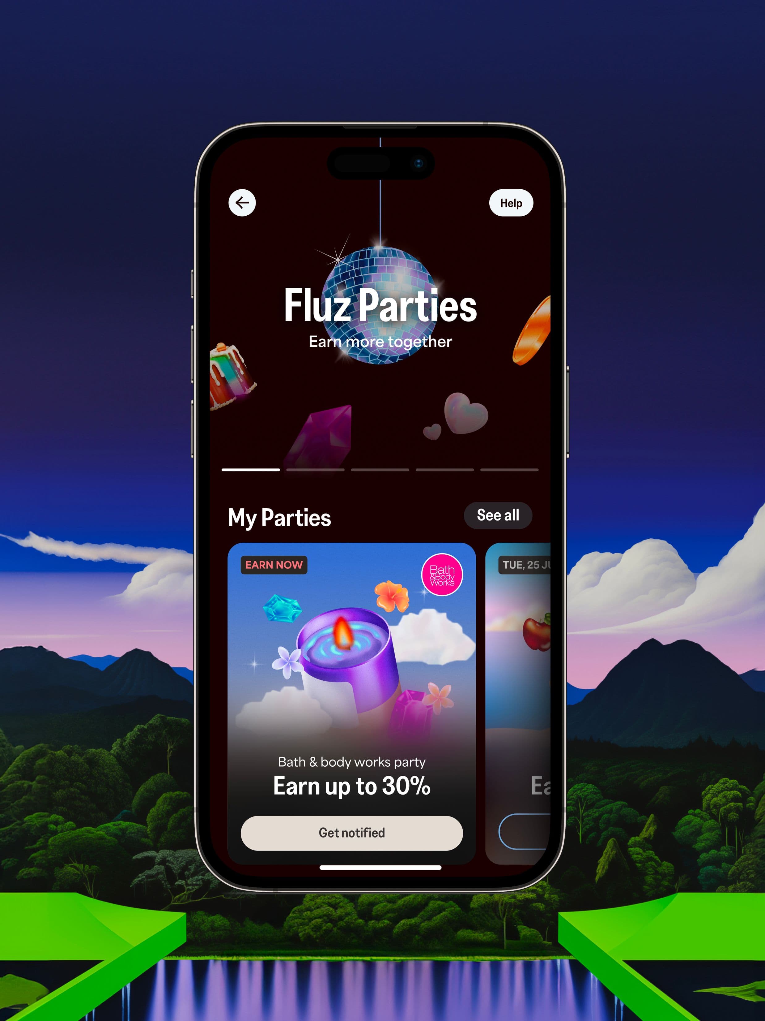 A smartphone displays the Fluz Parties app, showing a Bath & Body Works party offer to earn up to 30% rewards.