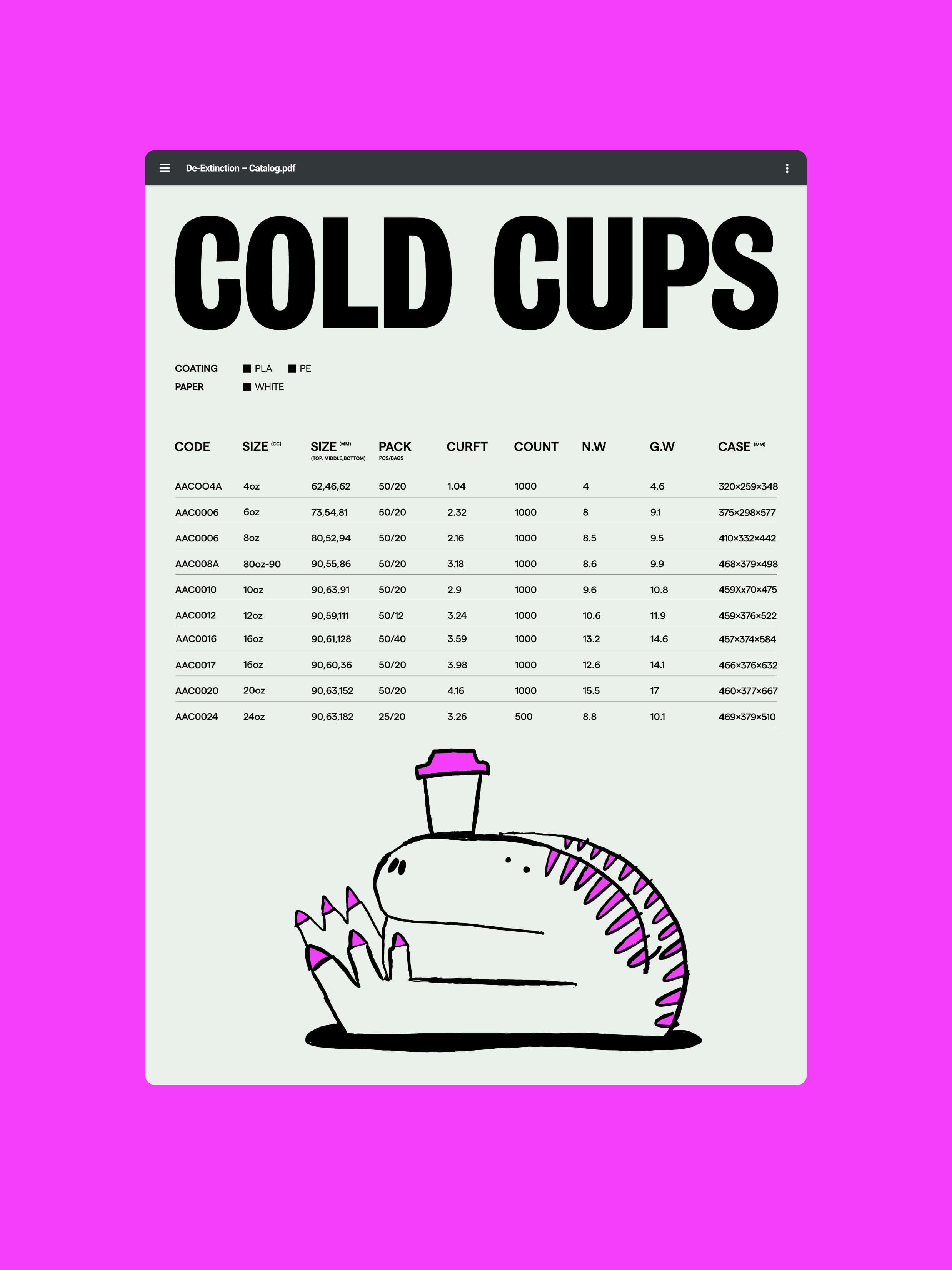 A digital catalog page titled “Cold cups” shows a table of cup sizes and details. At the bottom, there’s a cartoon dinosaur relaxing with a magenta cold cup on its back.