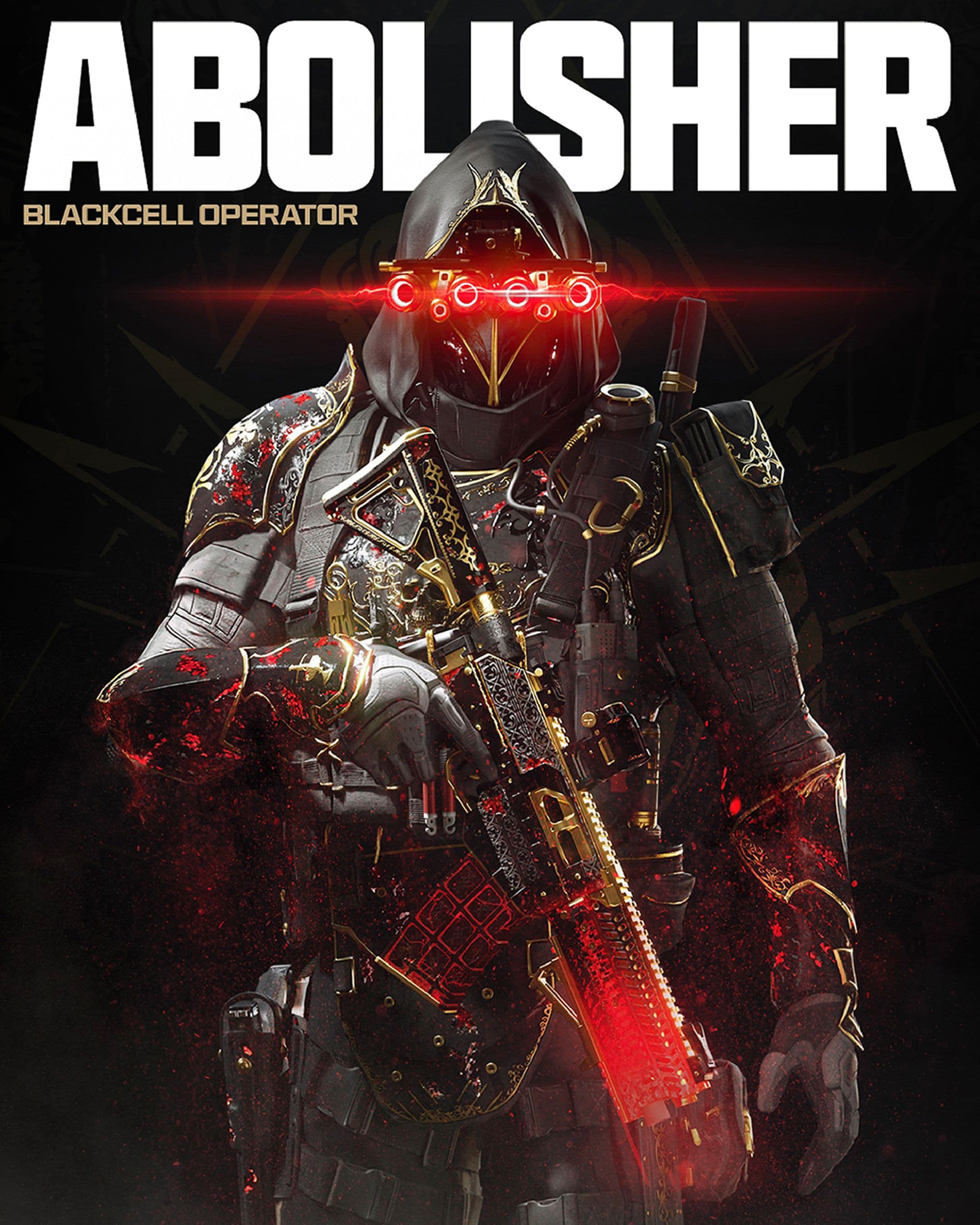 Call of Duty character The Abolisher, armored soldier with glowing red eyes and gold accents, holding a rifle.