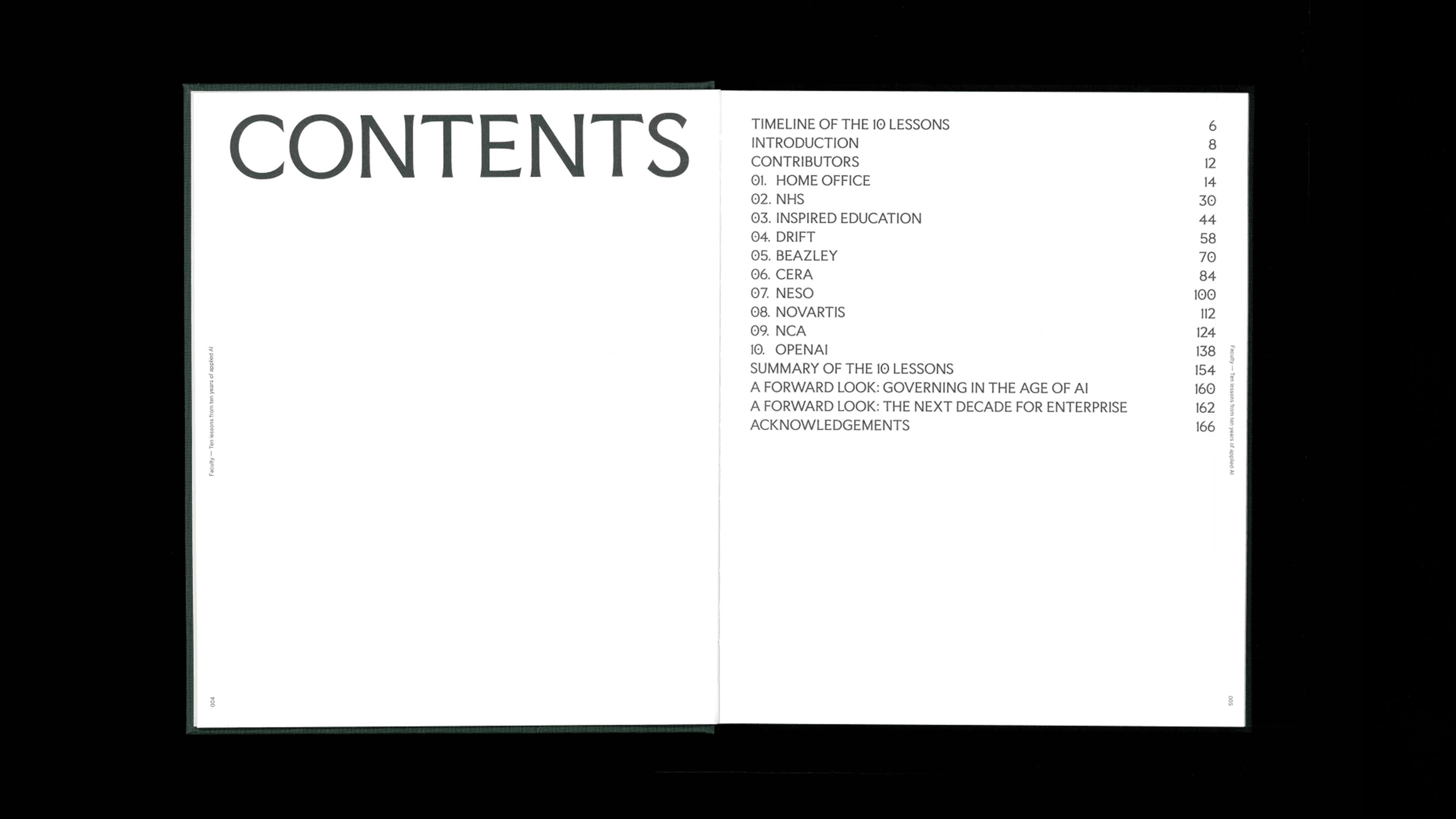 Open faculty book displaying the table of contents.
