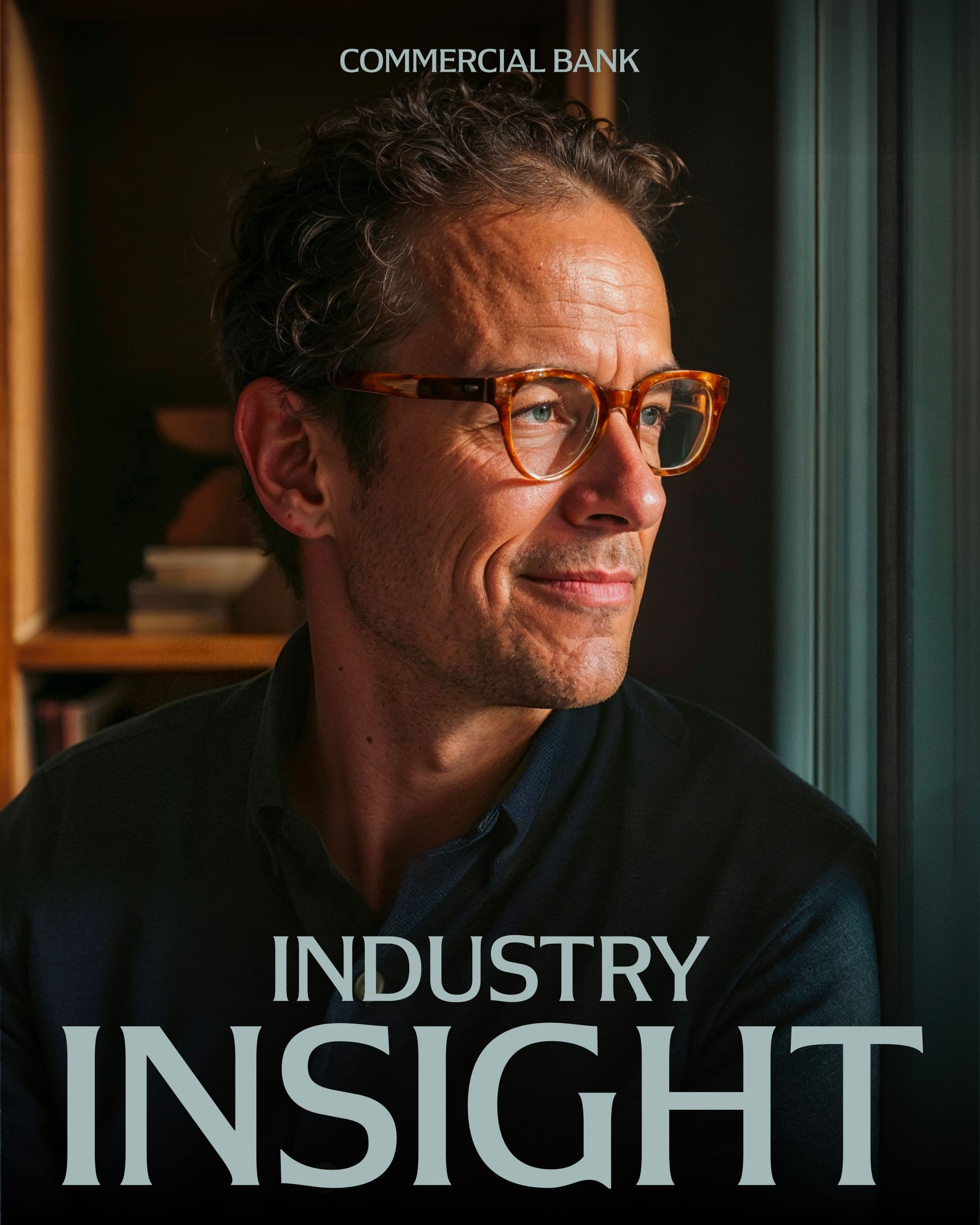A man with clooks thoughtfully out a window. The words "Commercial Bank" appear above and "Industry Insight" below him.
