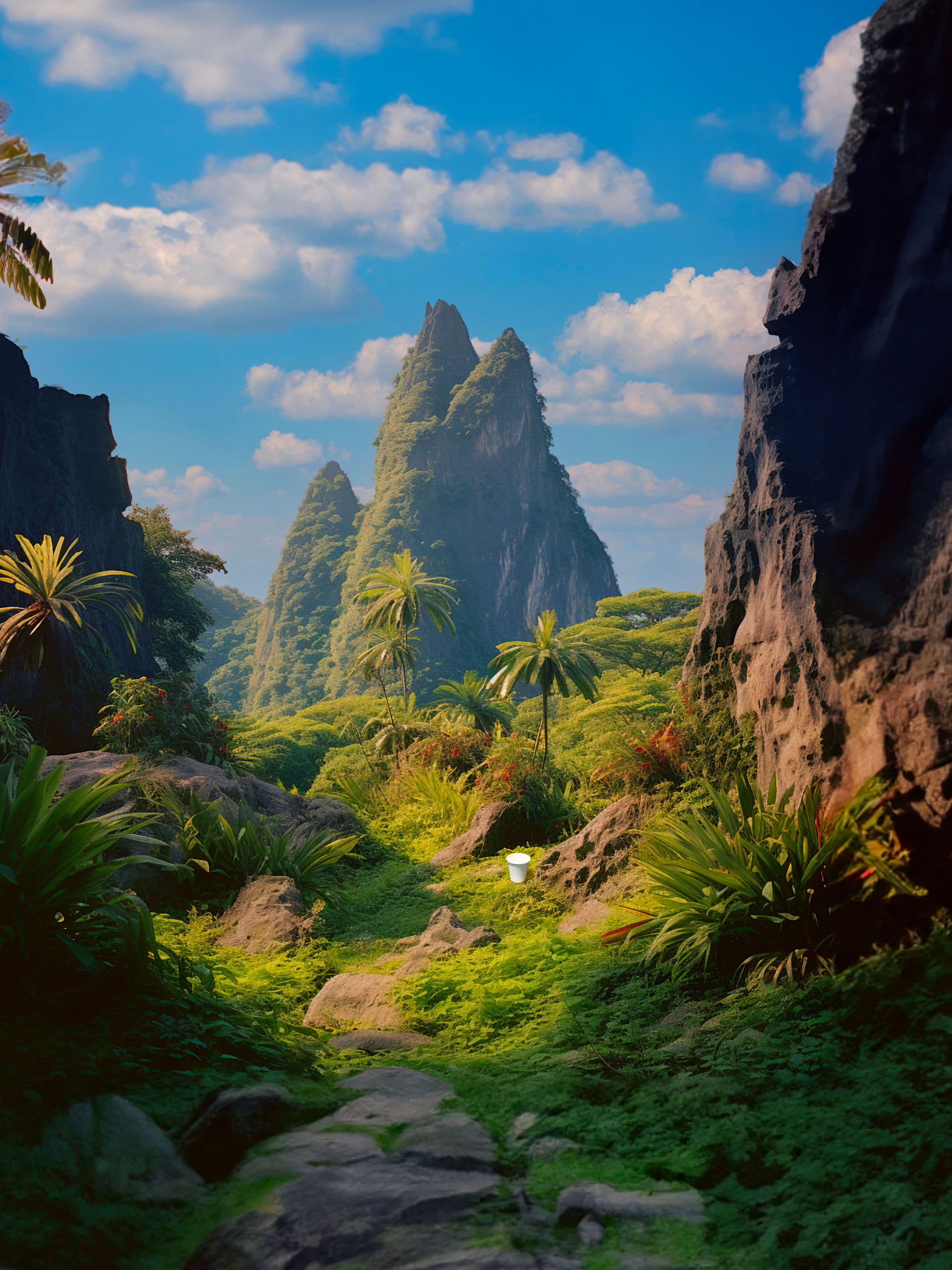 Lush green tropical landscape with a white cup in the foreground.