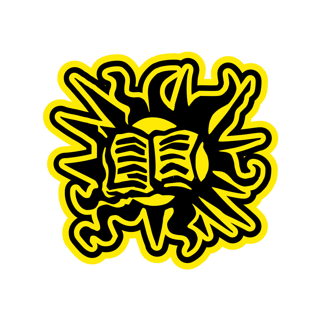 Black silhouette of the sun with jagged rays, featuring an open book at its center, outlined in yellow.