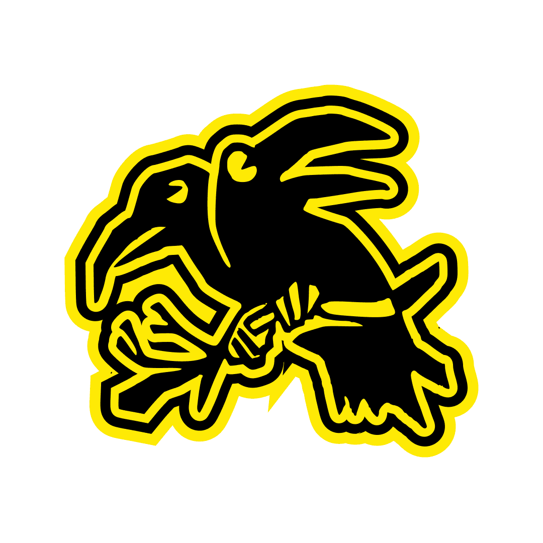 Black silhouette of a two-headed crow holding a branch, outlined in bold yellow.