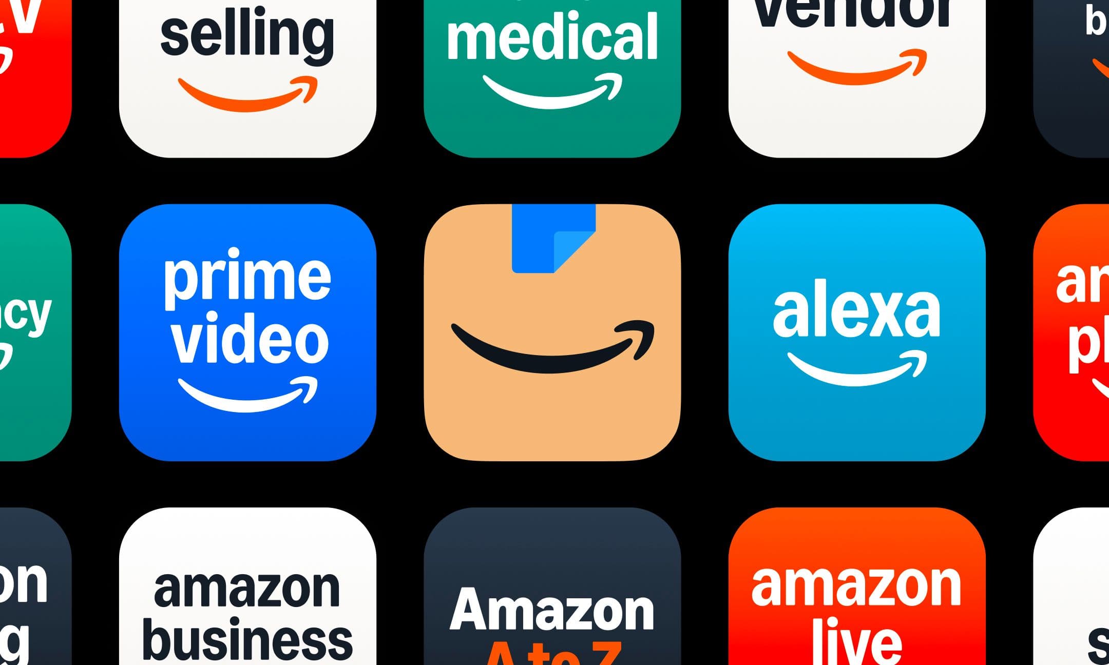 A grid of various Amazon app icons, including Prime Video, Alexa, Amazon Business, Amazon A to Z.
